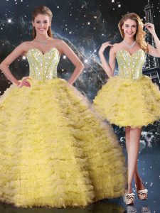 Deluxe Yellow Organza Lace Up Sweet 16 Dress Sleeveless Floor Length Beading and Ruffled Layers