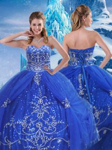 Flare Blue Ball Gowns Beading and Appliques Quinceanera Gown Lace Up Tulle Sleeveless Floor Length