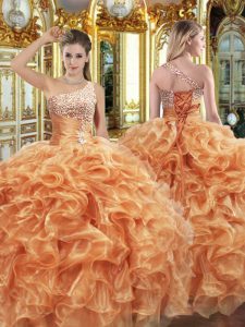 Fitting One Shoulder Sleeveless Lace Up Quince Ball Gowns Orange Organza