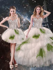 Glamorous White Sweet 16 Dresses Military Ball and Sweet 16 and Quinceanera with Beading and Ruffled Layers and Sequins Sweetheart Sleeveless Lace Up
