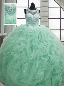 Stylish Floor Length Apple Green Quinceanera Gowns Scoop Sleeveless Lace Up