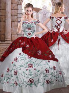 Floor Length White And Red Quinceanera Gown Taffeta Sleeveless Embroidery and Ruffled Layers