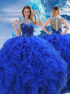 Royal Blue Organza Zipper Scoop Sleeveless Floor Length Ball Gown Prom Dress Ruffles and Sequins
