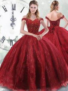 Suitable Wine Red 15th Birthday Dress Tulle Brush Train Sleeveless Beading