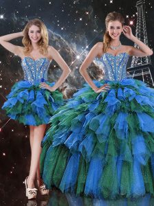 Lovely Multi-color Ball Gowns Organza Sweetheart Sleeveless Beading and Ruffles and Ruffled Layers Floor Length Lace Up Quinceanera Gowns