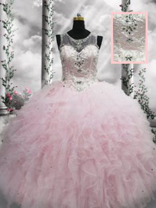 Free and Easy Scoop Sleeveless Tulle 15 Quinceanera Dress Beading and Ruffles Lace Up