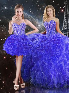 Blue Ball Gowns Beading and Ruffles Quinceanera Dress Lace Up Organza Sleeveless Floor Length