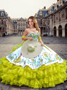 Pretty Yellow Green Sleeveless Floor Length Embroidery and Ruffled Layers Lace Up Sweet 16 Quinceanera Dress