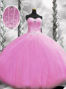 Suitable Floor Length Lilac Ball Gown Prom Dress Tulle Sleeveless Beading