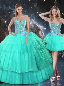Organza Sweetheart Sleeveless Lace Up Ruffled Layers and Sequins Quinceanera Dress in Turquoise