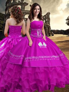 Fuchsia Sleeveless Embroidery and Ruffled Layers Floor Length 15 Quinceanera Dress