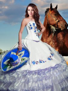 Designer White Long Sleeves Floor Length Embroidery and Ruffled Layers Lace Up Sweet 16 Quinceanera Dress