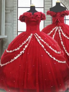 Dramatic Wine Red Ball Gowns Tulle Off The Shoulder Sleeveless Appliques and Pick Ups Lace Up Quince Ball Gowns Brush Train