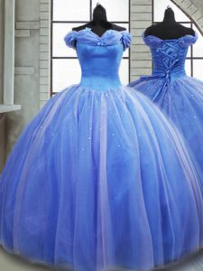 Top Selling Light Blue Quinceanera Dress Military Ball and Sweet 16 and Quinceanera with Pick Ups Off The Shoulder Sleeveless Brush Train Lace Up