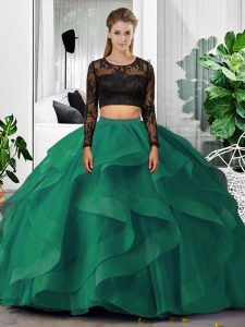 Custom Fit Dark Green Tulle Backless Scoop Long Sleeves Floor Length Sweet 16 Quinceanera Dress Lace and Ruffles