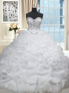 Fine White Ball Gowns Beading and Pick Ups 15 Quinceanera Dress Lace Up Organza Sleeveless