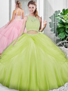 Sumptuous Yellow Green Sleeveless Lace and Ruching Floor Length Ball Gown Prom Dress