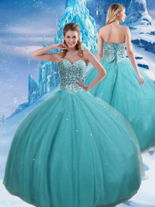 Aqua Blue Lace Up Quinceanera Dress Beading and Sequins Sleeveless Floor Length