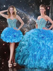 Fantastic Baby Blue Sleeveless Floor Length Beading and Ruffles Lace Up Quinceanera Gowns
