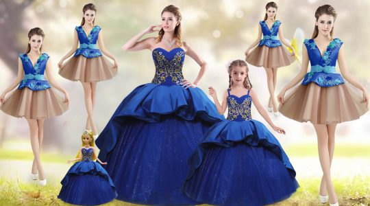 Sleeveless Beading and Appliques and Embroidery Lace Up Sweet 16 Quinceanera Dress with Blue Court Train