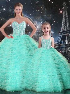 Free and Easy Apple Green Ball Gowns Tulle Sweetheart Sleeveless Beading and Ruffles Floor Length Lace Up Quinceanera Dress