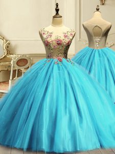 Custom Fit Scoop Sleeveless Lace Up Sweet 16 Dresses Aqua Blue Tulle