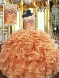Fancy Orange Ball Gowns Beading and Ruffles 15th Birthday Dress Lace Up Organza Sleeveless Floor Length