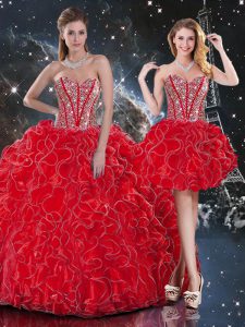 Excellent Ball Gowns Sweet 16 Dress Wine Red Sweetheart Organza Sleeveless Floor Length Lace Up