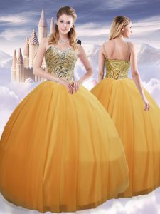 Colorful Gold Spaghetti Straps Lace Up Beading Sweet 16 Dress Sleeveless