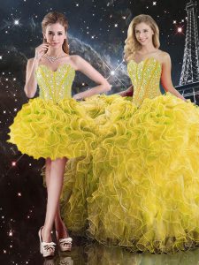 Decent Yellow Lace Up Sweetheart Beading and Ruffles Ball Gown Prom Dress Organza Sleeveless