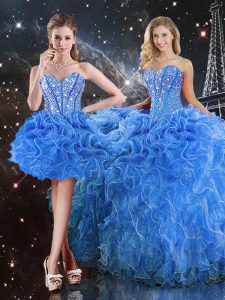 Organza Sweetheart Sleeveless Lace Up Beading and Ruffles Quinceanera Gowns in Baby Blue