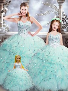 Romantic Aqua Blue Organza Lace Up Sweetheart Sleeveless Floor Length Quinceanera Gowns Beading and Ruffles
