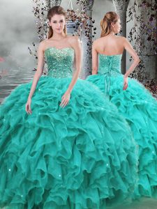 Vintage Sweetheart Sleeveless Quinceanera Dress Floor Length Beading and Ruffles Turquoise Organza