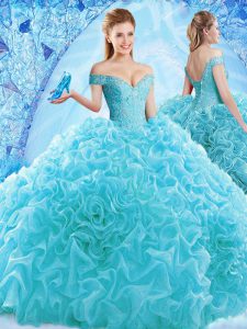 Fashion Aqua Blue Ball Gowns Organza Off The Shoulder Cap Sleeves Ruffles and Pick Ups Lace Up Quinceanera Dress Brush Train