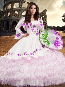Exceptional Floor Length Lace Up Quince Ball Gowns White for Military Ball and Sweet 16 and Quinceanera with Embroidery and Ruffled Layers