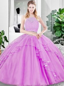 Lilac Sleeveless Lace and Ruffled Layers Floor Length Vestidos de Quinceanera