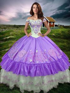Floor Length Lavender Sweet 16 Dresses Taffeta Sleeveless Beading and Embroidery and Ruffled Layers