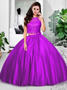 Stylish Sleeveless Taffeta Floor Length Zipper Quince Ball Gowns in Eggplant Purple with Lace and Ruching