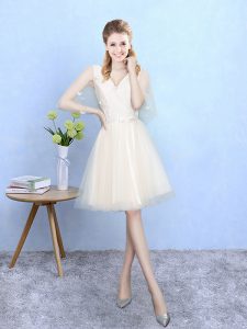 Exceptional Knee Length Empire Half Sleeves Champagne Dama Dress for Quinceanera Lace Up