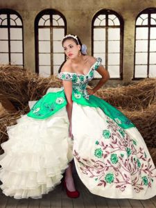 Multi-color Lace Up Off The Shoulder Embroidery and Ruffled Layers Sweet 16 Dress Taffeta Sleeveless