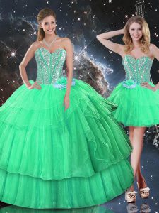 Apple Green Ball Gowns Sweetheart Sleeveless Organza Floor Length Lace Up Ruffled Layers and Sequins Quince Ball Gowns