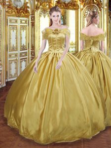 Tulle Off The Shoulder Sleeveless Lace Up Beading and Appliques and Hand Made Flower Sweet 16 Dresses in Gold