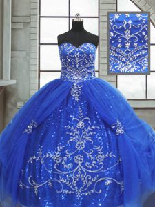 High End Floor Length Lace Up Vestidos de Quinceanera Blue for Military Ball and Sweet 16 and Quinceanera with Beading and Appliques