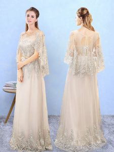 Beauteous Floor Length Champagne Dama Dress Scoop Half Sleeves Lace Up