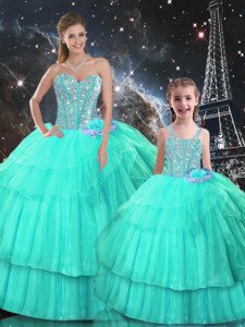 Graceful Ruffled Layers 15th Birthday Dress Turquoise Lace Up Sleeveless Floor Length