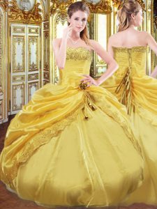 Floor Length Lace Up 15th Birthday Dress Gold for Military Ball and Sweet 16 and Quinceanera with Beading and Pick Ups