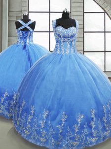 Best Sleeveless Tulle Floor Length Lace Up Vestidos de Quinceanera in Baby Blue with Beading and Appliques