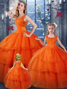Floor Length Lace Up Quinceanera Gown Orange Red for Military Ball and Sweet 16 and Quinceanera with Ruffled Layers