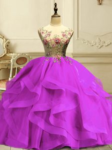 Low Price Ball Gowns Quinceanera Dress Fuchsia Scoop Organza Sleeveless Floor Length Lace Up