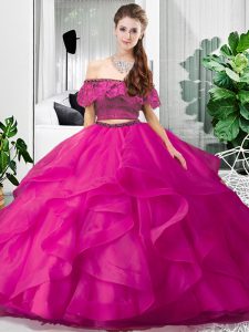 Graceful Sleeveless Floor Length Lace and Ruffles Lace Up Quinceanera Dress with Hot Pink